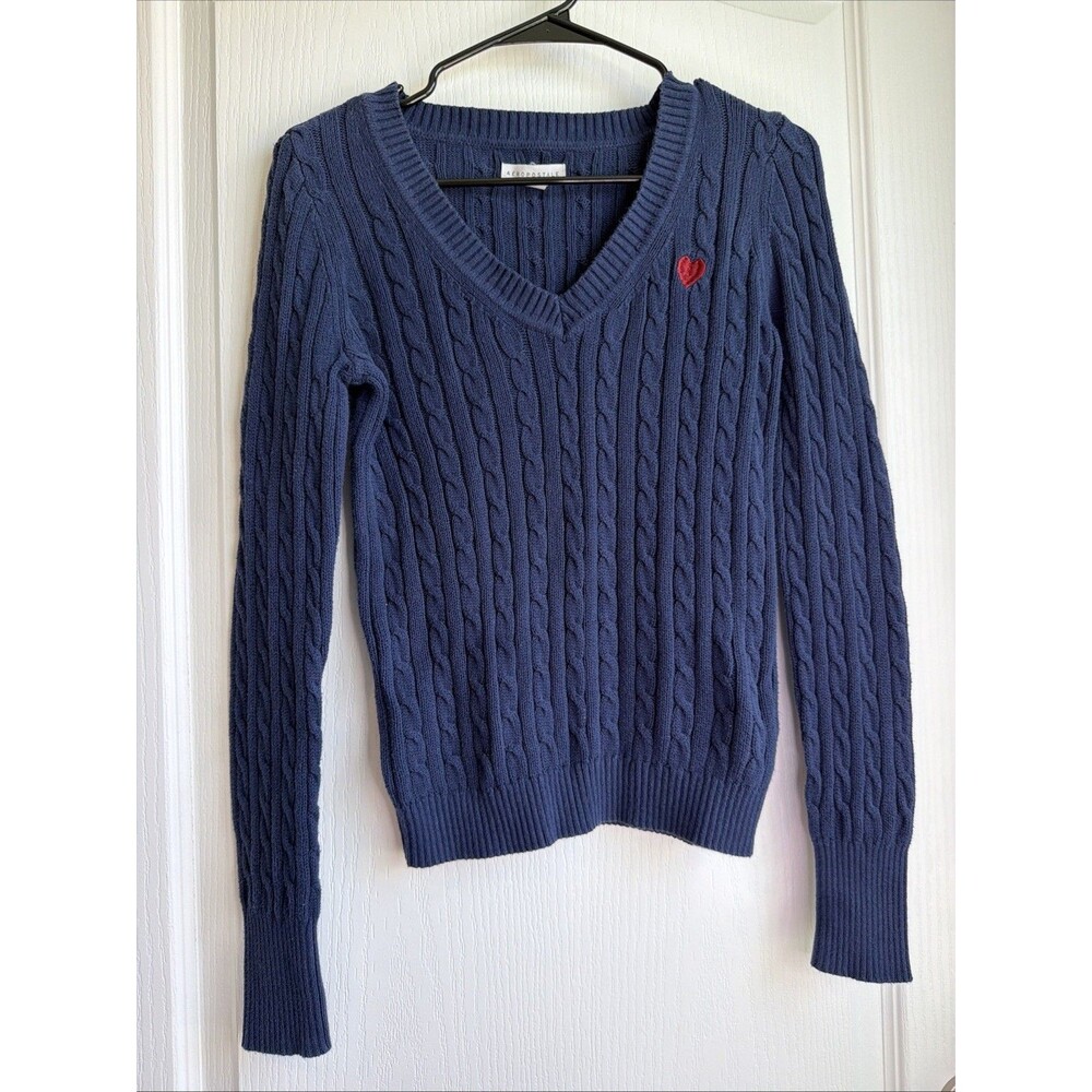 Aéropostale Sweater Womens Small Blue V Neck Cable Knit Heart Embroidered